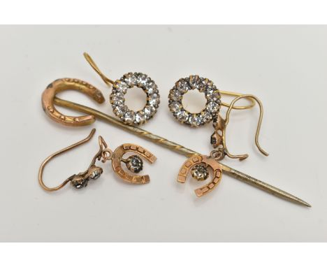 THREE ITEMS OF EARLY TO MID 20TH CENTURY JEWELLERY, to include a horse shoe stickpin, stick believed to be base metal, a pair