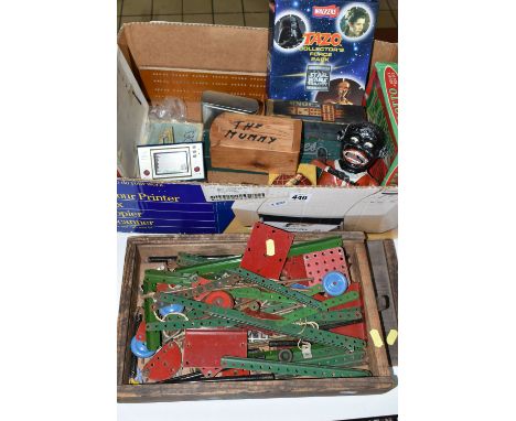 ONE BOX AND LOOSE VINTAGE GAMES AND TOYS, to include a wooden  boxed set of 1950's Meccano, a boxed set of Lotto, four sets o