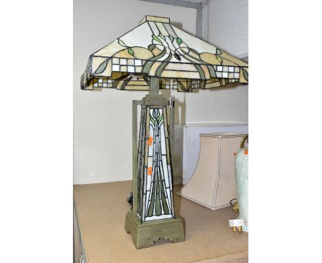 A MODERN TIFFANY STYLE LAMP, produced for Kind Light Manufactory in 2005, twin bulbs to the top with a single bulb to the col