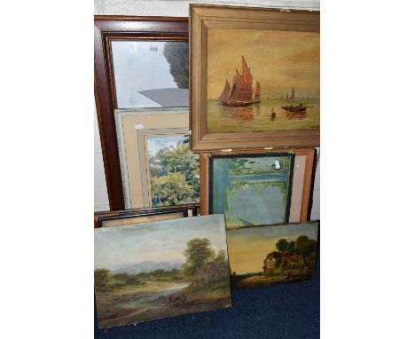 A SMALL QUANTITY OF PAINTINGS AND PRINTS ETC, to include an unframed late 19th century unsigned landscape with figures before