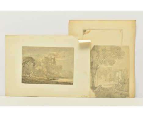 CIRCLE OF JOHN VARLEY ( 1778-1842) TWO UNSIGNED SKETCHES, the first depicts Berry Pomeroy castle in Devon,  pencil and ink wa
