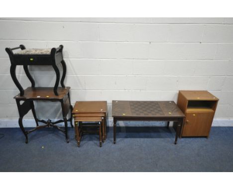 AN EDWARDIAN MAHOGANY OCCASIONAL TABLE, with wavy edge, a folding shelf to each end, united by a cross stretcher with central