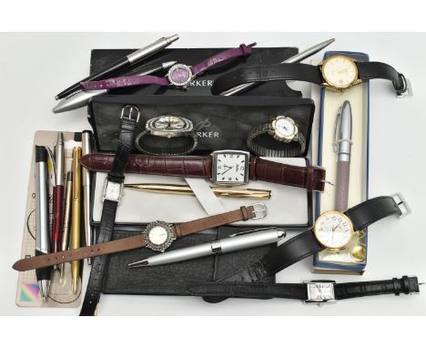 AN ASSORTMENT OF PENS AND WATCHES, to include a selection of ball point pens, names to include Parker, together with an assor