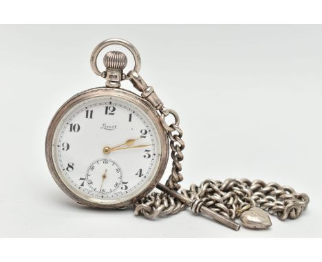 A SILVER OPEN FACE POCKET WATCH AND ALBERT CHAIN, manual wind, round white dial signed 'Limit', Arabic numerals, subsidiary d