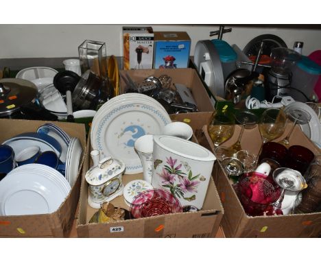 SEVEN BOXES AND LOOSE KITCHEN AND DINNER WARES ETC, to include Minton Haddon Hall Blue vases, clock and trinket box, Portmeir