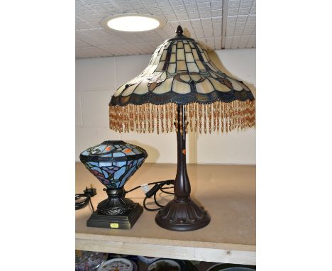 TWO TIFFANY STYLE TABLE LAMPS, both produced by Kind Light Manufactory, comprising a bronzed metal lamp base  with a fringed 