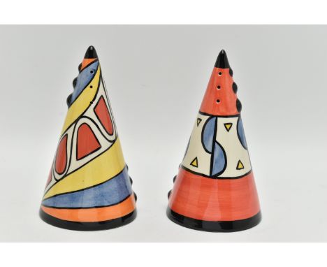 TWO LORNA BAILEY FOR ELLGREAVE POTTERY SUGAR SIFTERS, both from editions of 250, hand painted in an art deco style, conical i