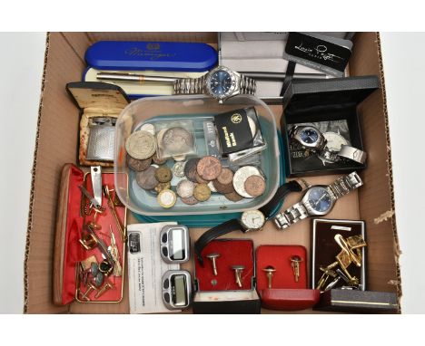 A BOX OF ASSORTED ITEMS, to include two Sekonda wristwatches, an Oskar Emil automatic wristwatch, boxed cufflinks and tie cli