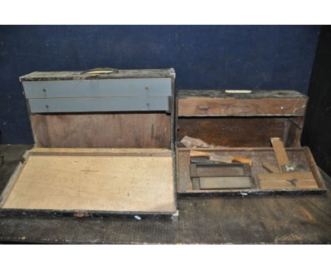 TWO VINTAGE CARPENTERS TOOLBOXES CONTAINING TOOLS including Stanley and other Chisels, a wooden spokeshave, a wooden moulding