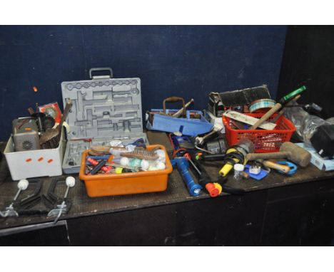 A SELECTION OF VARIOUS TOOLS, to include, hammers, saws, screwdrivers, partial socket sets, Black And Decker grinder, car vac