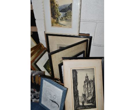 A BOX OF PAINTINGS AND PRINTS ETC, to include four signed Henry Rushbury etchings - two are in poor condition, one has foxing