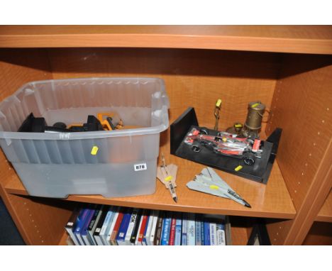 A TRAY CONTAINING MODEL CARS PLANE ETC including a Dominus 10TR RC jeep with hand controller (partially built) a Vodafone McC