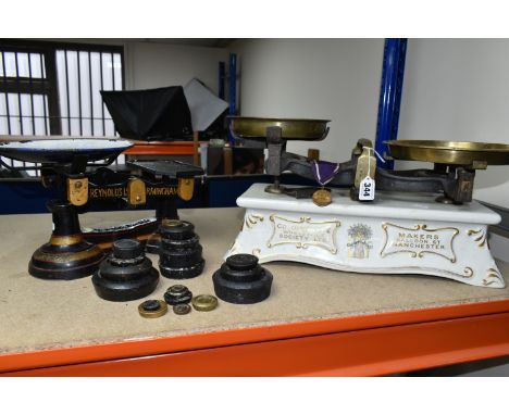 A SET OF VICTORIAN CO-OPERATIVE WHOLESALE SOCIETY CREAMWARE SCALES, A CWS MEDAL, OTHER SCALES AND WEIGHTS, the scales with gi