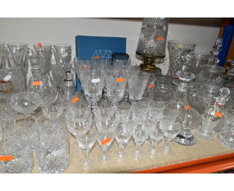 A QUANTITY OF CUT CRYSTAL AND OTHER GLASS WARES, eighty to ninety pieces, to include a table lamp with crystal body and shade