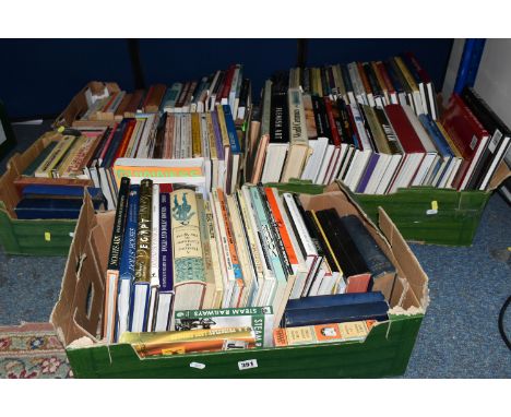 FIVE BOXES OF BOOKS, approximately one hundred titles in hardback and paperback formats, to include art and artists, needlewo