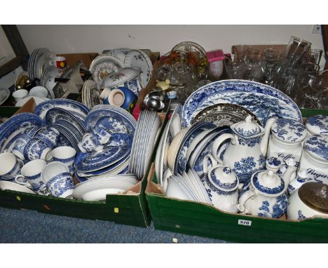SEVEN BOXES AND LOOSE CERAMICS AND GLASS WARES, to include a quantity of Willow Pattern and other blue and white dinner wares