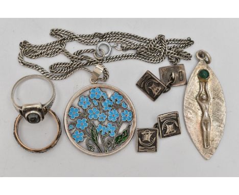 FIVE PIECES OF JEWELLERY, to include a circular enamel flower pendant, stamped 925, fitted with a tapered bail, suspended fro