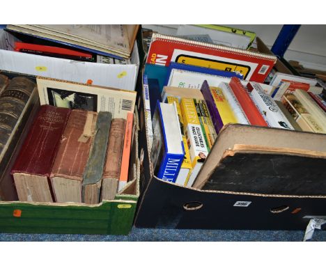 FOUR BOXES OF BOOKS ETC, subjects include antiques and collectibles, cookery, art, Readers Digest select editions, Cassells N