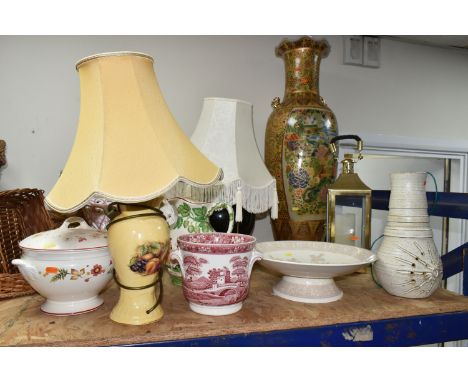 A GROUP OF LAMPS, LANTERN, VASE AND OTHER LARGE CERAMICS, to include an Aynsley Orchard Gold table lamp, a Lark Rise by Royal