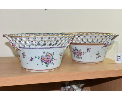 TWO LATE 19TH / EARLY 20TH CENTURY CONTINENTAL PORCELAIN TWIN HANDLED CIRCULAR POLYCHROME CACHE POTS, with wavy rims over pie