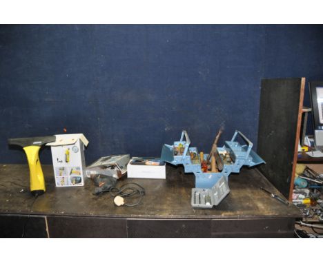 A TOOLBOX AND TOOLS including a Karcher Window vac (PAT pass and working), a Black and Decker drill (PAT fail due to uninsula