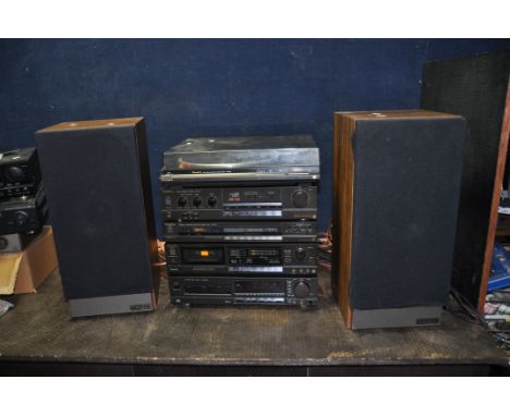 A TECHNICS COMPONENT HI FI WITH MISSION 737R SPEAKERS, comprising of a SL-QD33 turntable, a SU-V40 VC4 amplifier, a ST-G40L t