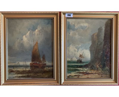 Pair of oil paintings on board of ships by R. Hewson, images 8.5” x 11.5”, frames 11” x 15”. Good condition