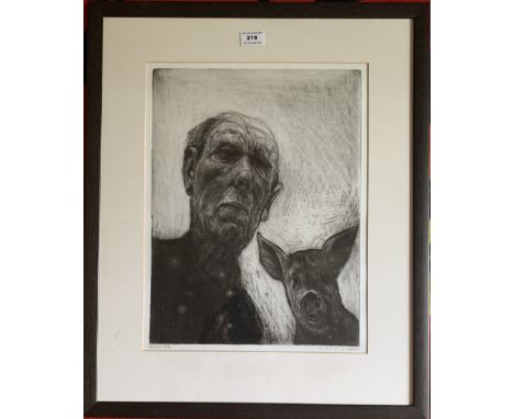 Chris Salmon limited edition print, man and pig. Signed and numbered 35/100. Image 12” x 16”, frame 19.5” x 24”. Good conditi