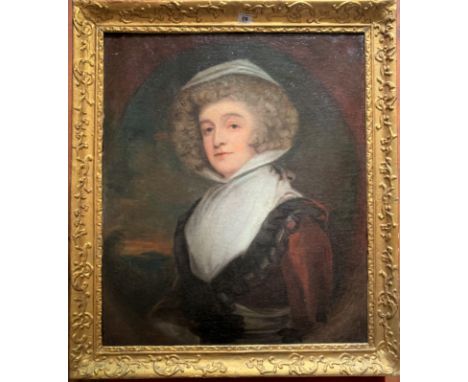 Oil painting on canvas, portrait of woman ‘Mrs. Delawney’, unsigned. Image 25” x 30”, frame 31” x 36”.  Some crazing to oil p