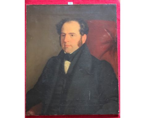 Unframed oil painting on canvas, portrait of gentleman, unsigned. 25” x 30”. Some crazing and repairs