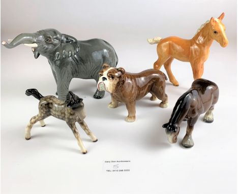 Beswick foal, Beswick blonde horse, Beswick elephant, Sylvac bulldog and small horse (repaired leg)