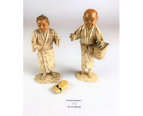 Pair of ivory male (7”) and female (6”) oriental figures and netsuke toggle (1.5”)