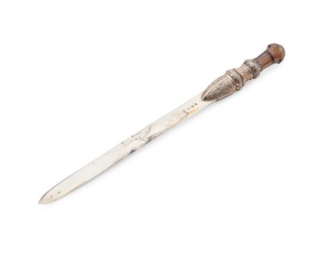 A VICTORIAN PAPER KNIFE YOUNG AND TATON, EDINBURGH 1902 of traditional design, the handle with Celtic motifs, the terminal se