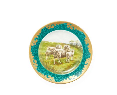 A RARE WEMYSS WARE PLATE CIRCA 1900 decorated with sheep by Karel Nekola, with gilded border, signed KAREL NEKOLA, bearing in