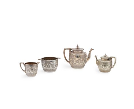 Y A VICTORIAN THREE PIECE TEA SERVICE D C RAIT &amp; SON, GLASGOW 1880 comprising a teapot, a twin handled sugar basin, and a