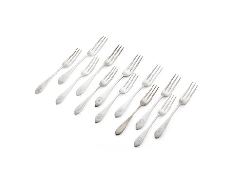 A SET OF TWELVE TABLE FORKS WILSON &amp; SHARP, EDINBURGH 1928 of Celtic Point pattern with three prongs and engraved crest a