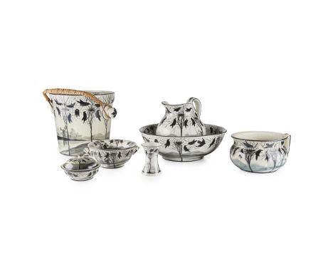 A WEMYSS WARE 'EARLSHALL' TOILET SET EARLY 20TH CENTURY decorated with windmills, rooks and trees in a landscape, comprising 