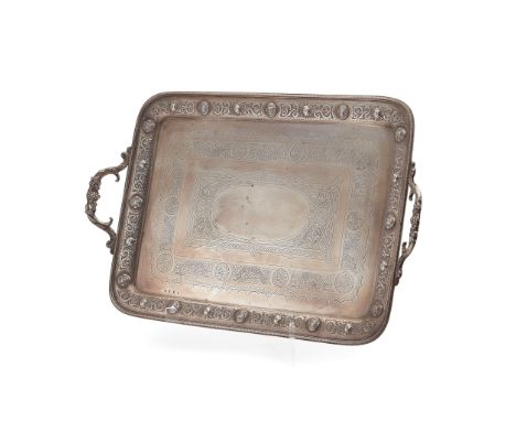 A VICTORIAN TWIN HANDLED TEA TRAY LAWSON &amp; CO, GLASGOW 1899 of rectangular form, embossed raised Celtic border and engrav