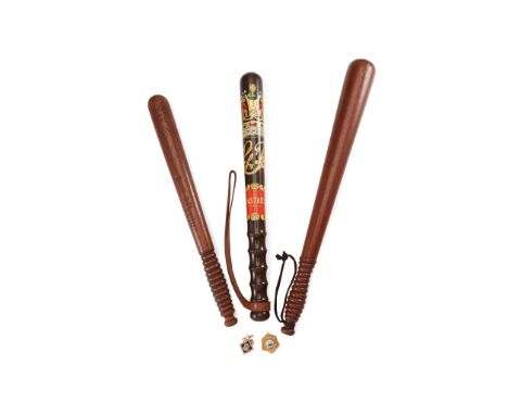 A COLLECTION OF ITEMS ASSOCIATED WITH LEITH POLICE SERVICE to include two wooden truncheons with turned handles and another s