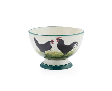 A WEMYSS WARE BOWL 'BLACK COCKEREL &amp; HENS' PATTERN, EARLY 20TH CENTURY painted WEMYSS, retailer's stamp T. GOODE &amp; CO