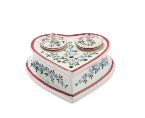 A WEMYSS WARE HEART-SHAPED INKWELL 'FORGET-ME-NOT' PATTERN, EARLY 20TH CENTURY with associated liners, impressed WEMYSS(15cm 