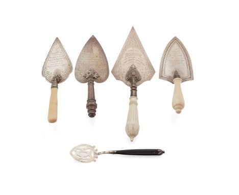 Y A GROUP OF THREE IVORY HANDLED FOUNDATION TROWELS 19TH CENTURY various makers and marks, the shaped blades all with engrave