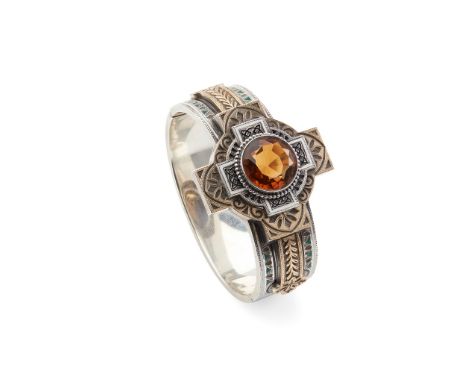A GOOD SCOTTISH ENAMEL AND GEM-SET BANGLE UNMARKED the central panel formed a multi-layered cross, collet set with a citrine,