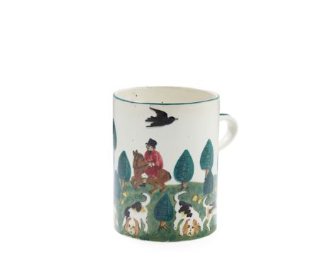 A LARGE WEMYSS WARE 'EARLSHALL' MUG EARLY 20TH CENTURY decorated with huntsmen, hounds and birds in a landscape(14cm high)