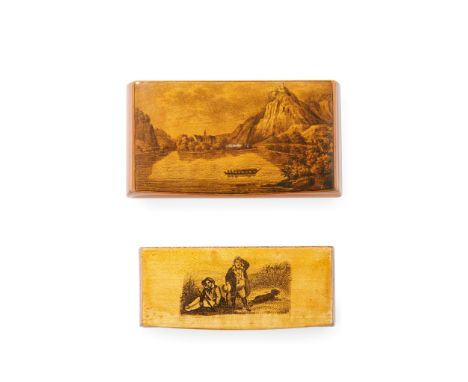A FINE MAUCHLINE WARE SNUFF BOX CIRCA 1890 sycamore, the cover decorated with a penwork landscape scene, 13.5cm wide; togethe