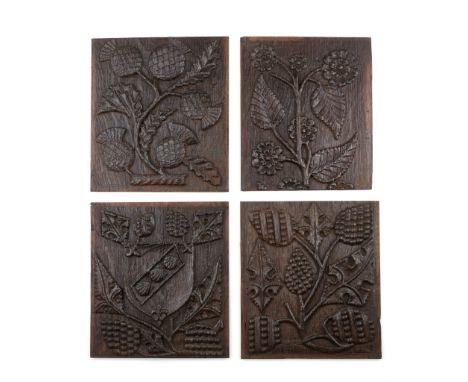 A GROUP OF FOUR CARVED PANELS MOST LIKELY EARLY 19TH CENTURY, POSSIBLY EARLIER carved oak, depicting fruiting vines, flowerin