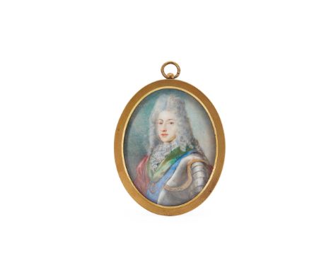 A PORTRAIT MINIATURE OF KING JAMES III UNSIGNED the oval porcelain plaque hand painted with half-length portrait of King Jame