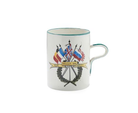 A LARGE AND UNUSUAL WEMYSS WARE MUG DATED 1914 decorated by James Sharp, bearing inscription FOR FREEDOM AND LIBERTY/ 1914, i