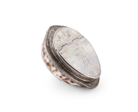 A SCOTTISH SILVER MOUNTED COWRIE SHELL SNUFF BOX LATE 18TH CENTURY, UNMARKED the polished cowrie shell mounted with scalloped