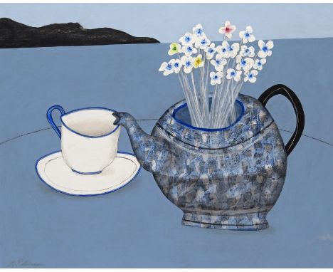 ‡ Geoffrey Robinson (b.1945) Still life with a blue teapot in a blue landscape Signed Oil on canvas 40 x 50.5cm ++Good condit